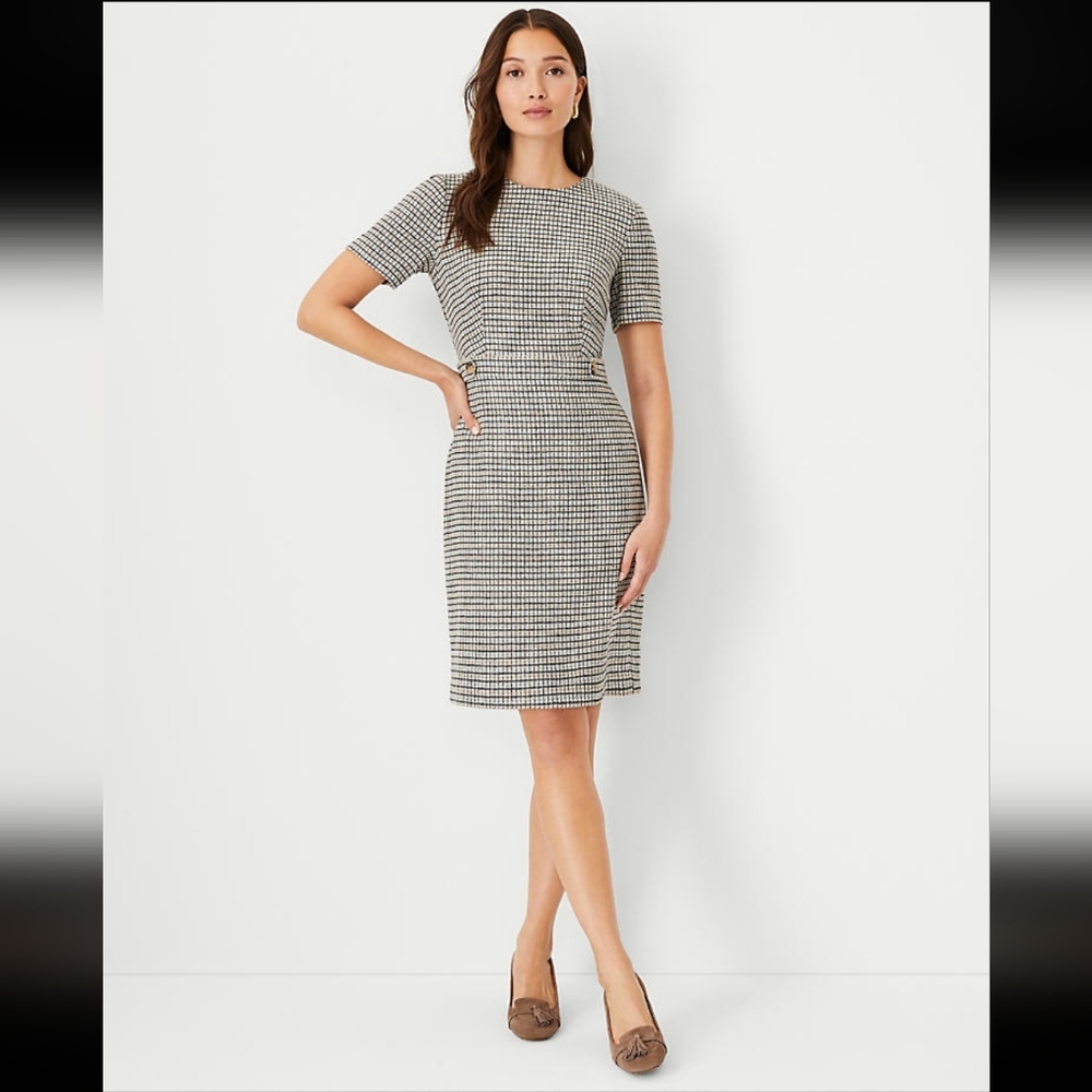 Ann Taylor Microcheck Button Tab Shift Dress 10